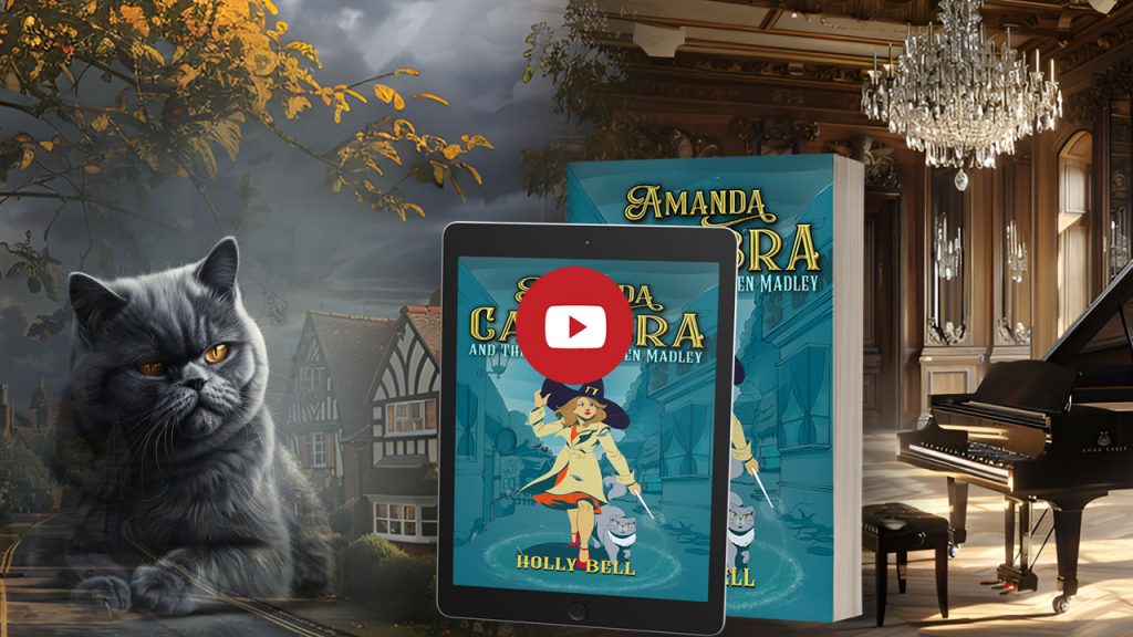 Click to go to trailer for Amanda Cadabra and The Rise of Sunken Madley. Image of Tempest, a grey British blue grumpy cat with yellow eyes on the left of the image with a sunny village with stormy clouds coming in the background. The books as ereader and paperback in the middle and on the left a sunny ballroom with a grandpiano, stool and chandelier on the right