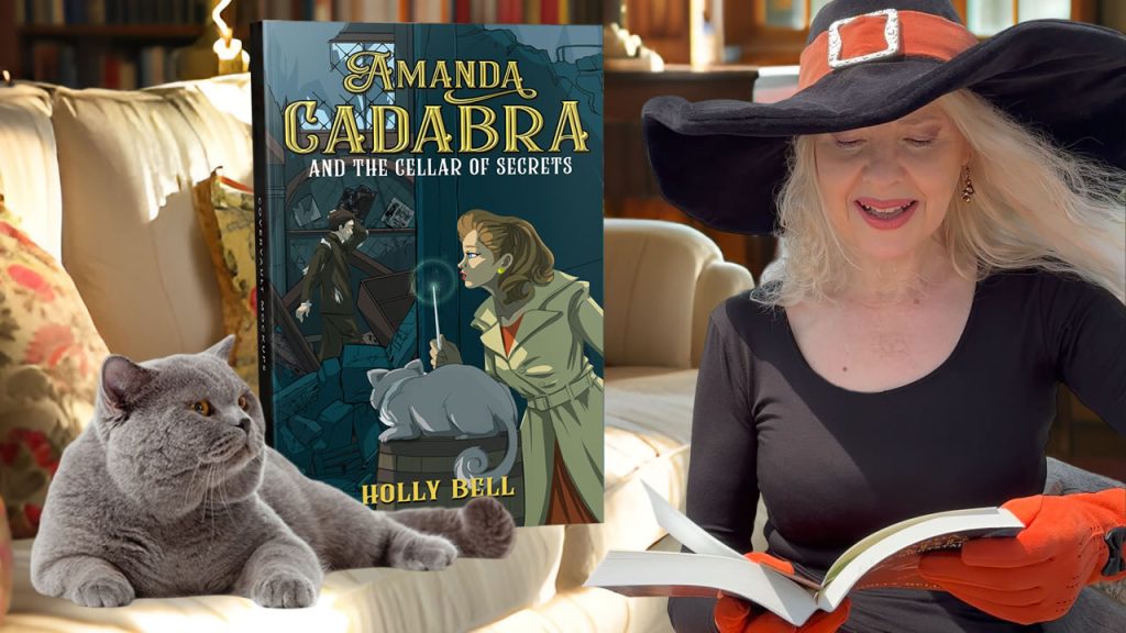 Link to chapter 1 of Amanda Cadabra and The Cellar of Secrets read aloud by Holly Bell in witch hat reading from Amanda Cadabra book while grey British Blue cat looks up at her grumpily from the sofa in a sunny room