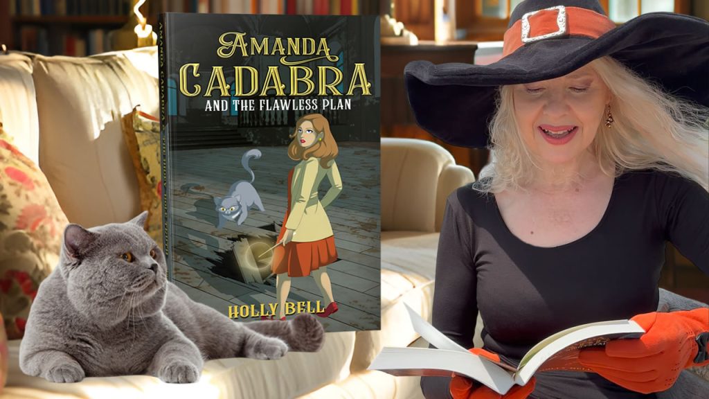 Link to chapter 1 of Amanda Cadabra and The Flawless Plan read aloud by Holly Bell in witch hat reading from Amanda Cadabra book while grey British Blue cat looks up at her grumpily from the sofa in a sunny room