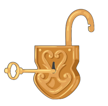 Gold padlock with shackle open and a key in the lock - unlocked