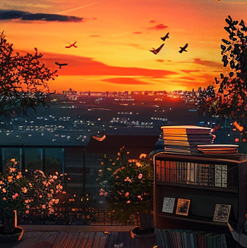 Dawn sky in shades of orange with a books on a balcony in the foreground 