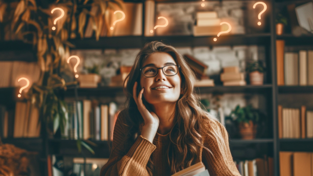 Woman wearing glasses and smiling and looking up at bring orange. question marks. Click to go to quizzes