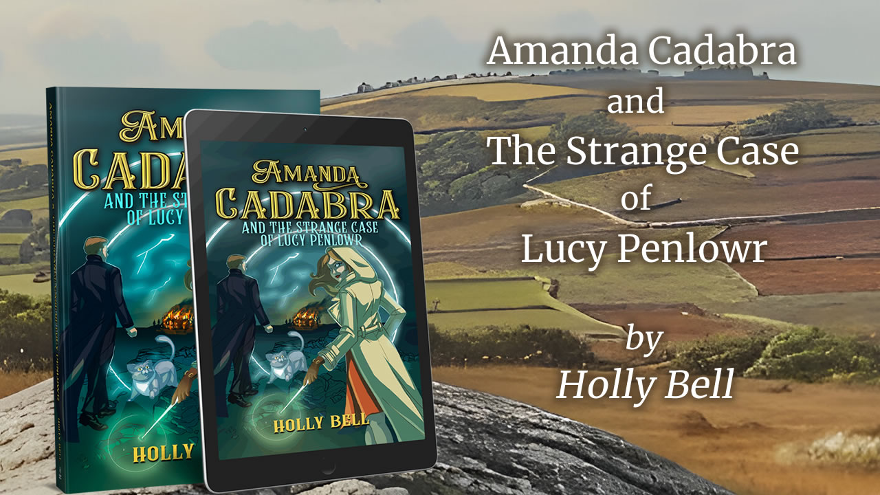 Amanda Cadabra and The Strange Case of Lucy Penlowr by Holly Bell in ereader and paperback on a granite rock with Bodmin Moor in the background