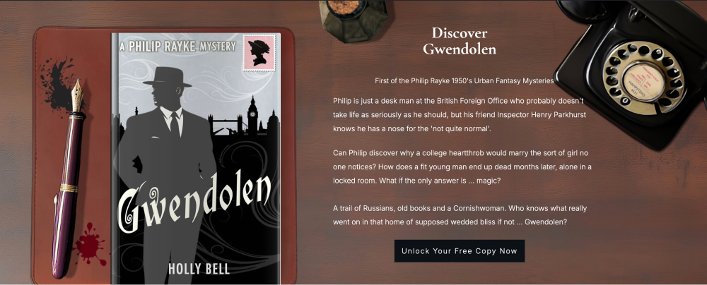 Click to go to download page for Book Gwendolen - A Philip Rayke Mystery by Holly Bell on a leather blotter on a wood desk with a 1950s black telephone on the top right hand corner and an ink bottle centre top.