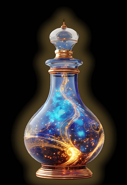 Magical bottle in blues and golds glowing in the dark