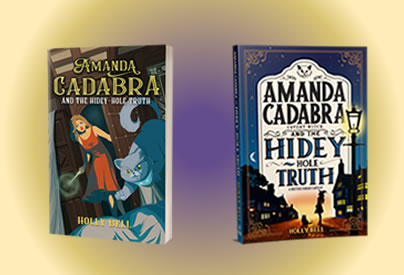 Amanda Cadabra Book 1 old and new covers on purple and gold background with purple in the centre radiating out to pale gold