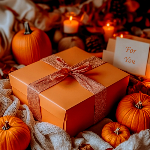 Orange gift box with orange ribbon amongst pumpkins and orange candles