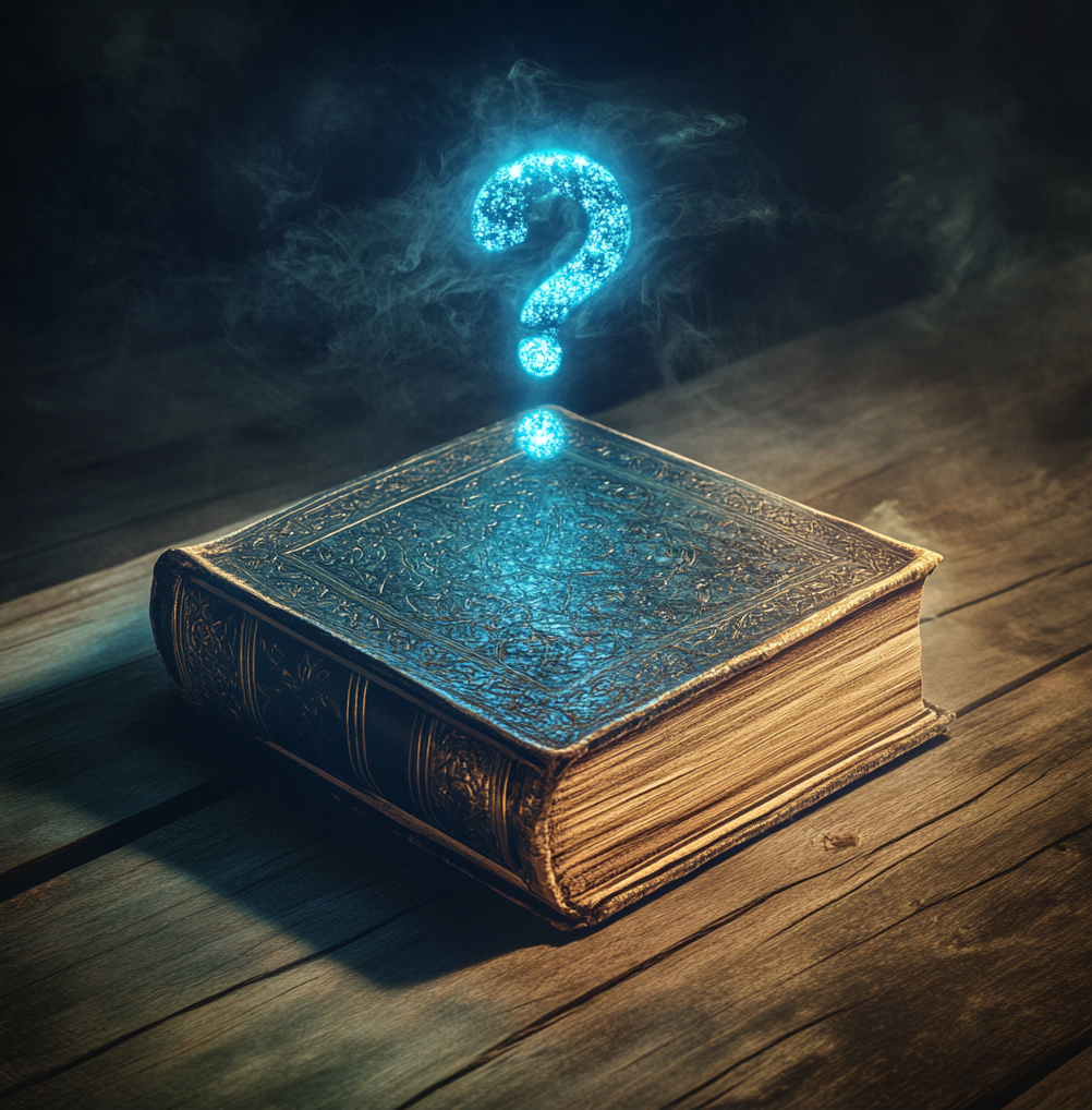Book on desk with magical blue question mark over it