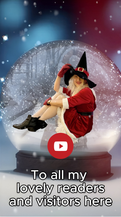 Click for Christmas and New Year Thank You Video Holly in Santa dress and witch hat in a snowglobe