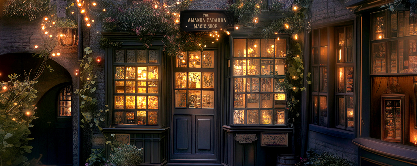 Dickensian shot front with small panelled windows and door, lit up at dusk with magical lights around it. Above the door is the sign: Amanda Cadabra Magic Shop