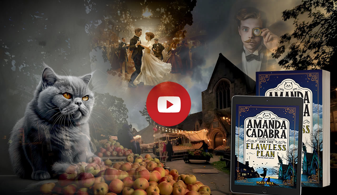 Tempest the cat on the left. In the background an apple festival with fairy lights next to a spooky church hall. Ghostly image of a pompous man with a monacle in 1918 evening dress and a ghostly image of a couple waltzing at a ball. On the right Amanda Cadabra and The Flawlesss Plan by Holly Bell in ereader and paperback