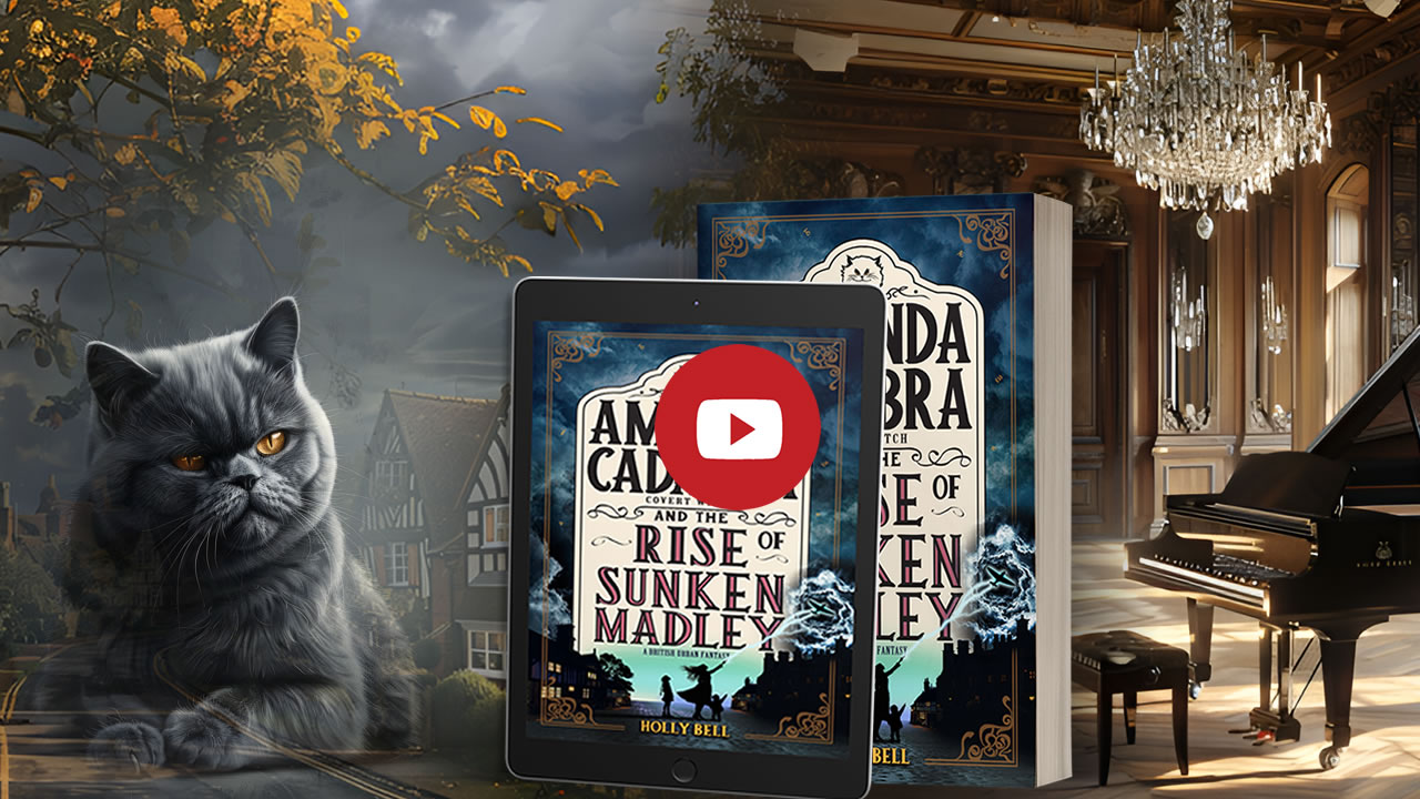 Click to go to trailer for Amanda Cadabra and The Rise of Sunken Madley. Image of Tempest, a grey British blue grumpy cat with yellow eyes on the left of the image with a sunny village with stormy clouds coming in the background. The books as ereader and paperback in the middle and on the left a sunny ballroom with a grandpiano, stool and chandelier on the right