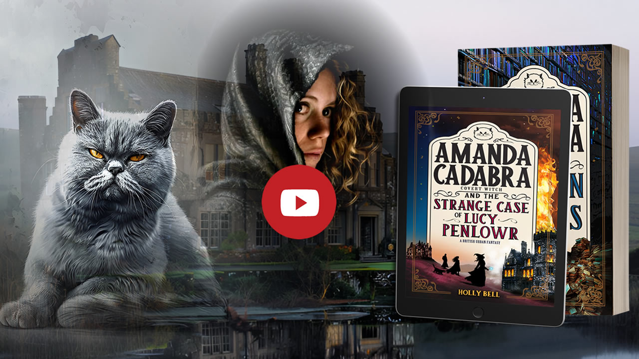 Click for trailer of Amanda Cadabra and The Strange Case of Lucy Penlowr by Holly Bell. Image of a grumpy British Blue cat with a twinkle in his eye. Background is a granite manor by a poor at dusk. On the right are the books in ereader and paperback. There are some magical stars coming from the wand in the image. In the top centre is the image of a hooded blonde woman looking out cautiously