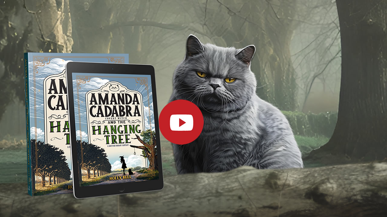 Click to watch trailer for Amanda Cadabra and The Hanging Tree by Holly Bell. Cover of Amanda Cadabra and The Hanging Tree by Holly Bell. Books as ereader and paperback on the left on ground by a tree trunk on the right with a grumpy British Blue cat in between. Behind there is a foggy avenue of trees. Text: Available Now on your favourite bookstore. Amandacadabra.com.Cover: A young woman in an orange dress and cream raincoat holding a glowing wand is stepping carefully around a tree trunk looking towards a rope lying on the ground. There is a grumpy grey cat at her feet