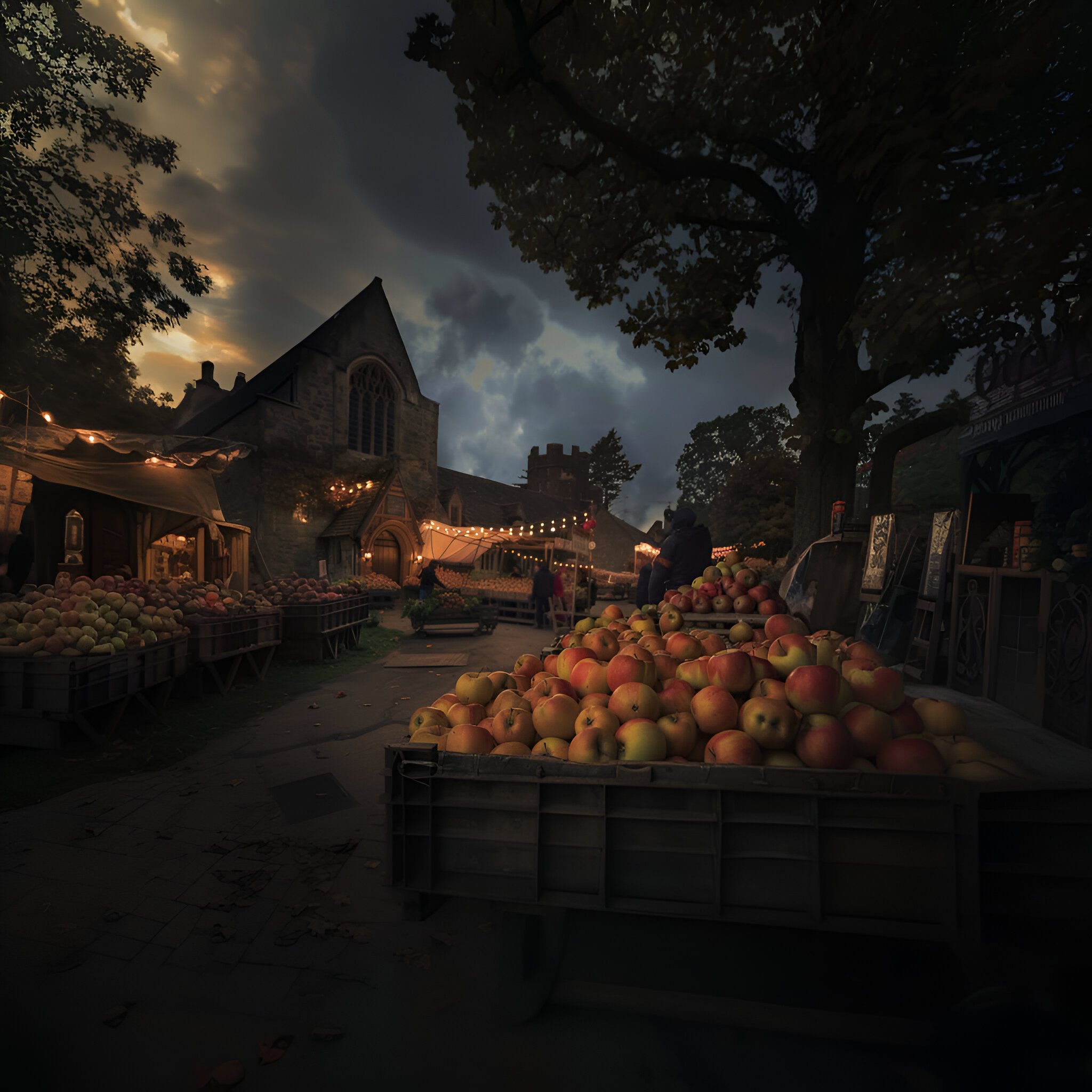 Apple festival at dusk with lights, and spooky old church hall in the background