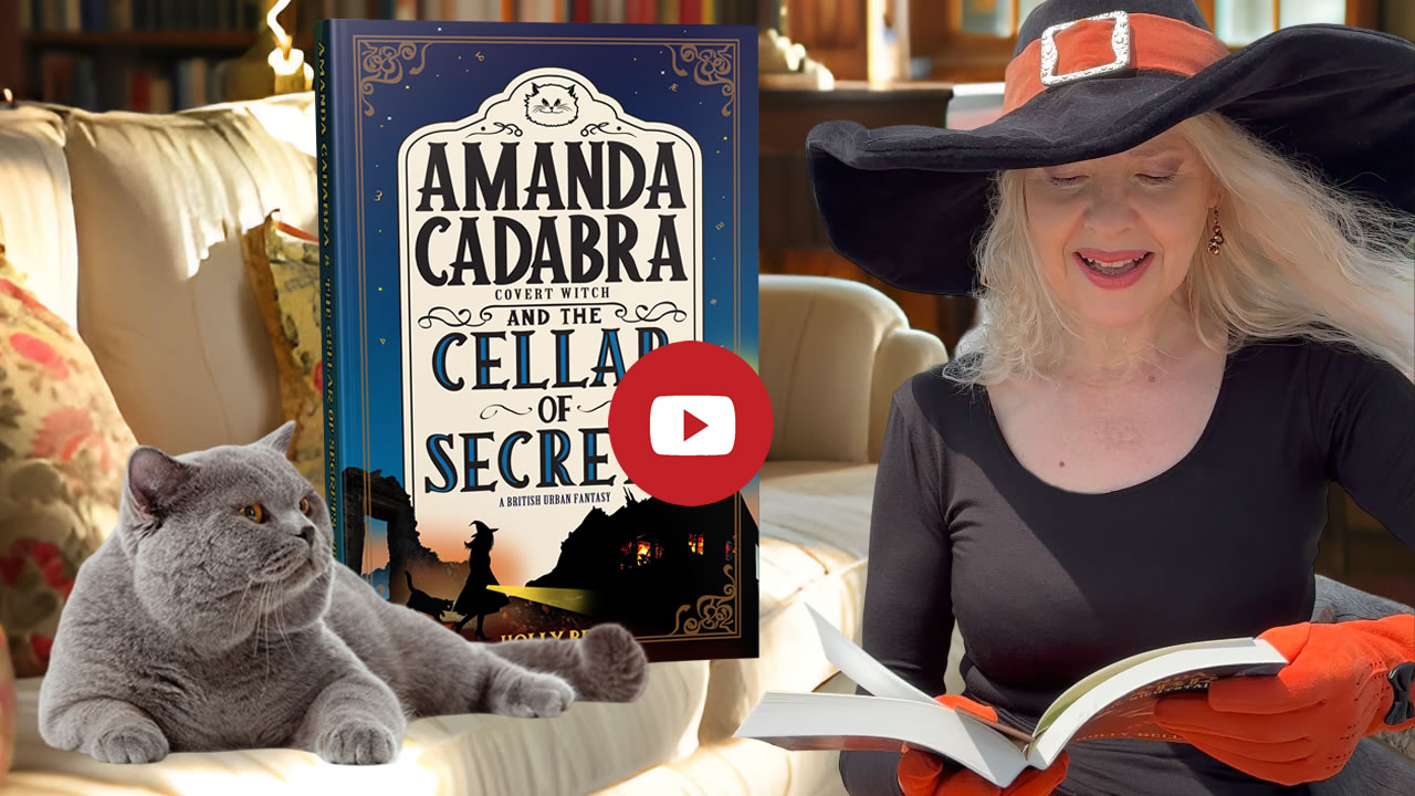 Link to chapter 1 of Amanda Cadabra and The Cellar of Secrets read aloud by Holly Bell in witch hat reading from Amanda Cadabra book while grey British Blue cat looks up at her grumpily from the sofa in a sunny room