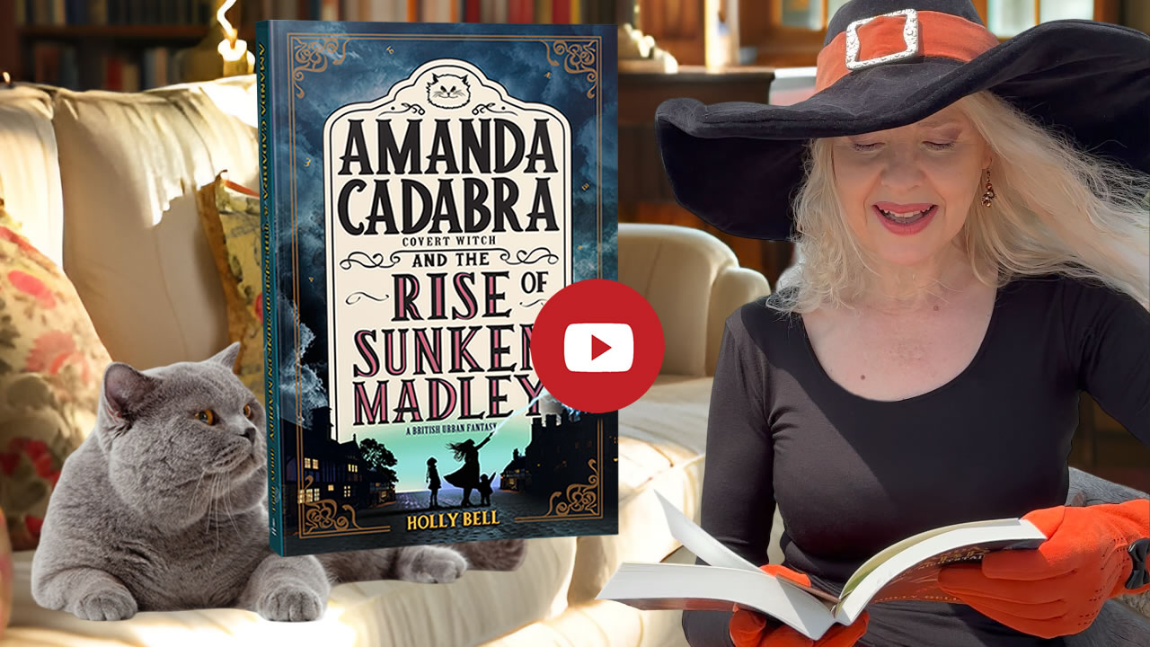 Click to go to video of Holly Bell reading Chapter 1 of Amanda Cadabra and The Rise of Sunken Madley. Image of Holly Bell in witch hat reading from Amanda Cadabra book while grey British Blue cat looks up at her grumpily from the sofa in a sunny room