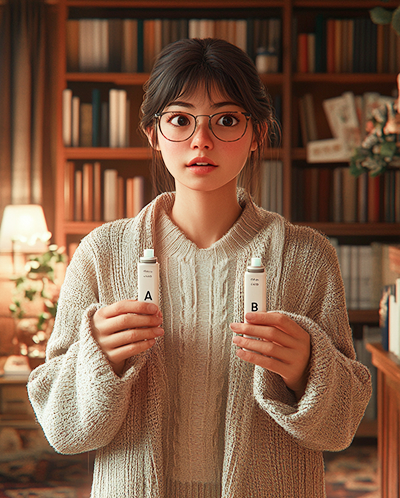 Woman with dark hair and glasses holding up 2 tubes of glue, one in each hand and looking bemused. One tube is labelled A and the other B