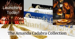 Set of 4 bookmarks from the Amanda Cadabra Bookish Gifts Collection. Top left: Launching Today text against background of fireworks. Top Right image of female artisan pouting epoxy resin like molten gold