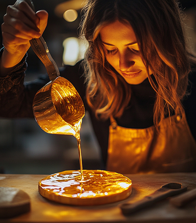Female artisan pouring resin looking like molten gold