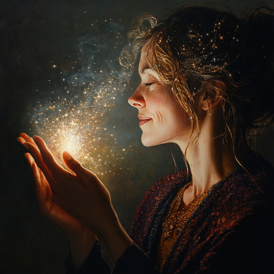 A woman with a sparkling light in her hands