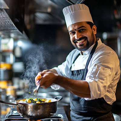 A happy Indian chef smiling into the camera making palak paneer