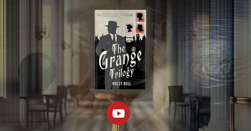 Trailer link. Book of The Grange Trilogy - The Philip Rayke Mysteries by Holly Bell on a pedestal in a gallery with 1950s chairs in the background with a hand a ball and a pool showing through like ghosts. Click to go to the video of the trailer