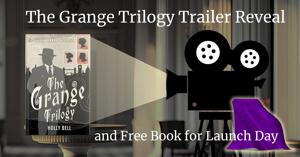 Projector on the right shiing onto book on pedestal: The Grange Trilogy. Text above: The Grange Trilogy Trailer Reveal and bottom right a book hidden under a purple silk cloth. Text: and free book for launch day
