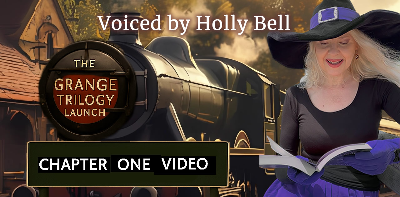 Steam train just pulled into a station. Station sign says 'Chapter One Video' on the left is Holly in black top and hat with purple band, gloves and skirt reading from a book. Text above says 'Voiced by Holly Bell.