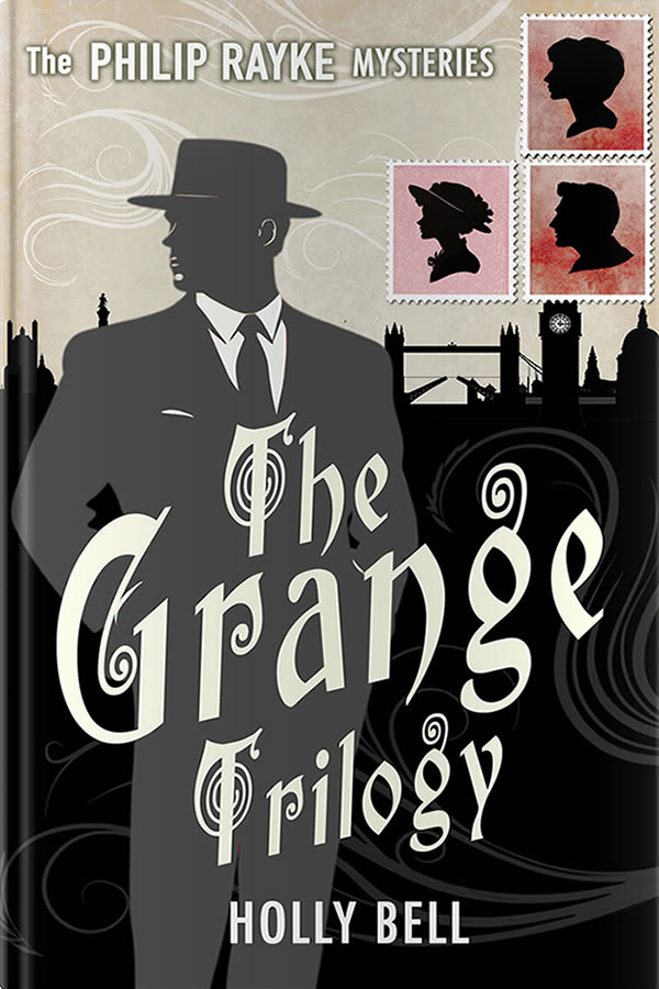 TGT 1000 900 x 600 trimmed for Landing page Cover of The Grange Trilogy - The Philip Rayke Mysteries by Holly Bell. Silhouette of a man looking to the left. 1950s look. Hat, suit and tie, white shirt shirt, pocket handkerchief and shirt cuffs just showing. London skyline of the 1950s behind him. Top right: 3 vintage postage stamps - red background with profile silhouettes - one man, two of women. Light grey-beige background. Subtle swirls of magical smoke. Title on the front at an angle