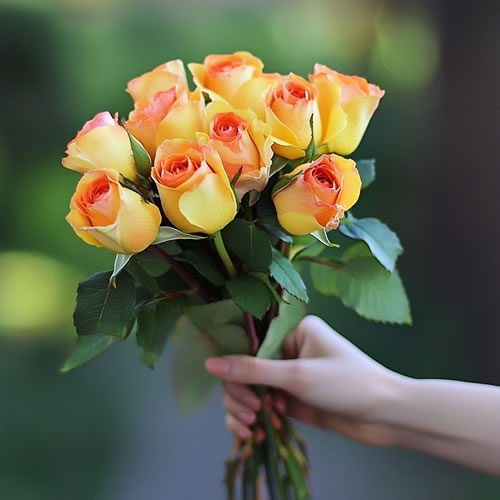 A hand offering a bunch of yellow roses with orange centres