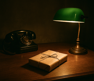 Vintage wooden desk. Brown paper parcel tied with string book-shaped on the desk in the light of a desklap with a green shade. A black Bakelite telephone in the background