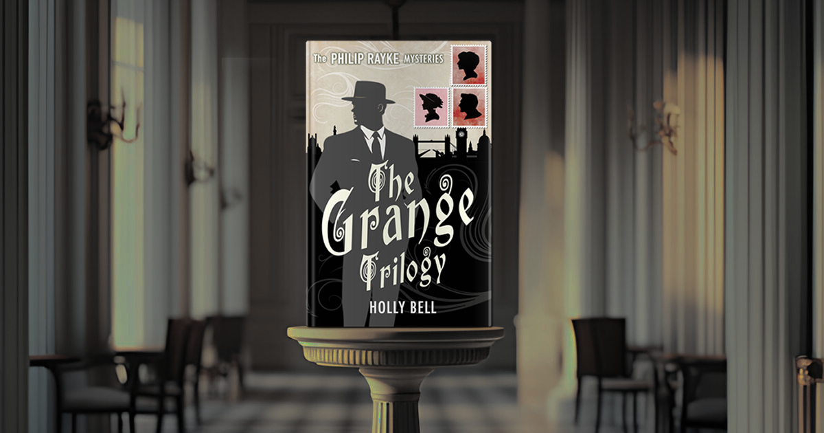 The Grange Trilogy book on a pedestal in a shadowy gallery. Book cover: Cover of The Grange Trilogy - The Philip Rayke Mysteries by Holly Bell. Silhouette of a man looking to the left. 1950s look. Hat, suit and tie, white shirt shirt, pocket handkerchief and shirt cuffs just showing. London skyline of the 1950s behind him. Top right: 3 vintage postage stamps - red background with profile silhouettes - one man, two of women. Light grey-beige background. Subtle swirls of magical smoke. Title on the front at an angle