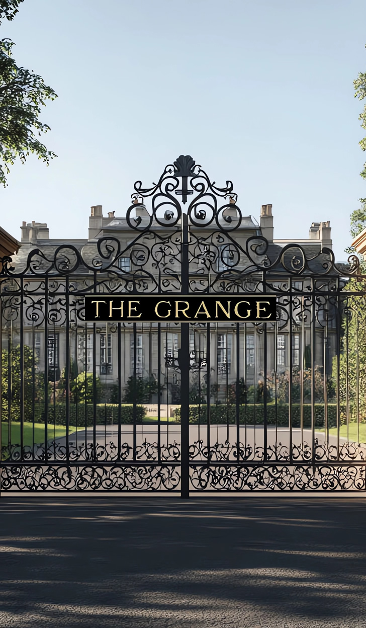 Gates of the Grange for landing page plot Gates of a stately home. Sign on wrought iron gates: The Grange, the path leading to the house and the house can be seen though the gates.