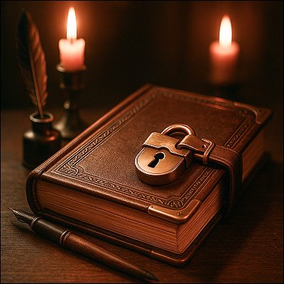 Leather bound book with strap and lock with padlock on a desk lit by two candles