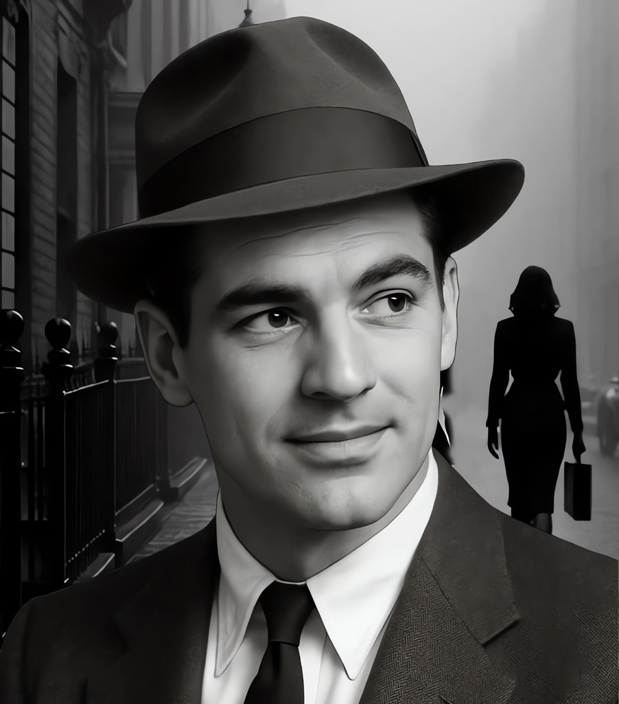 Philip for Chars TGT Landing page 1024 Image of quietly attractive slightly smiling man in his mid to late 20s looking watchfully off to the right. 1950s London street. He is wearing a suit and tie and hat. Black and white, Silhouette of shapely woman walking away down the street carrying a briefcase, over his right shoulder