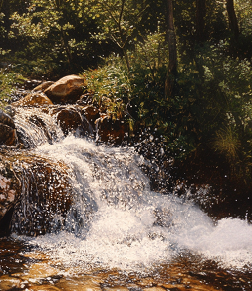 Mountain brook flowing down between trees, splashing over stones, in the sunshine