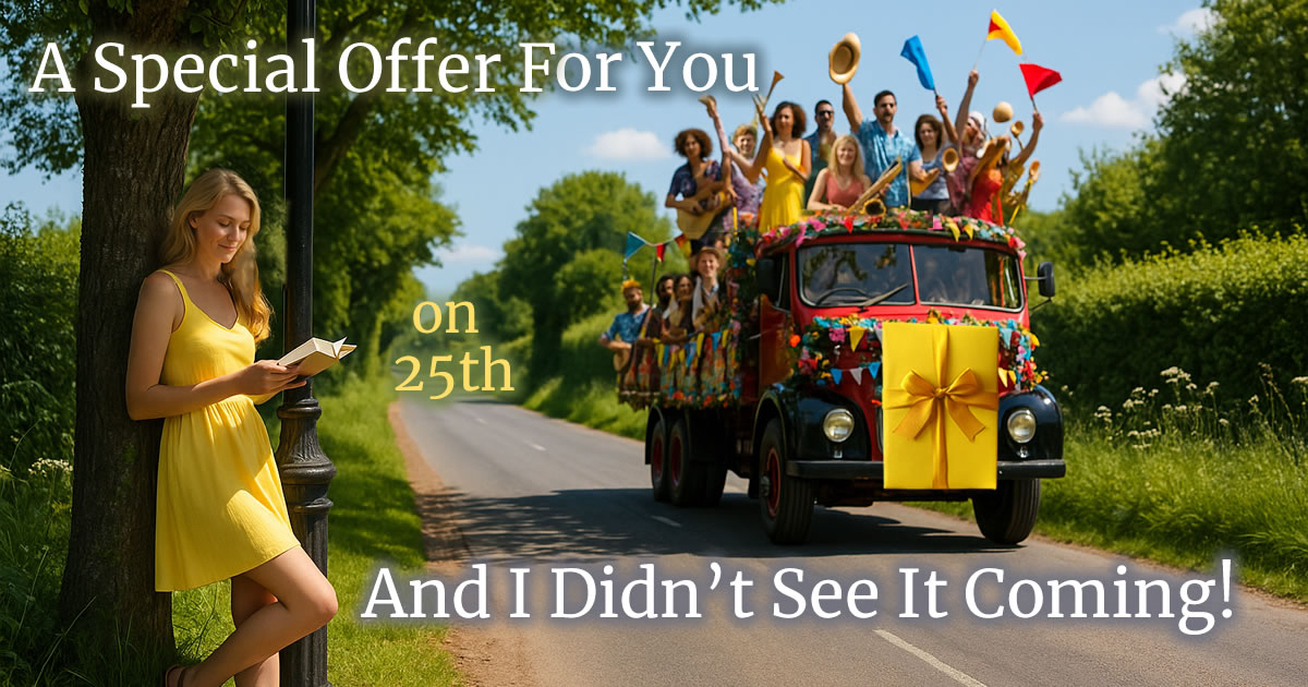 Blonde woman leaning a against a tree at the side of an English lane. She is is reading and does see the party lorry coming down the lane, decorated with flowers. A crowd of happy people are on the back holding musical instruments and flags. On the front of the truck is a big yellow gift tied with a ribbon. Text: A Special Offer For You and I Didn't See It coming! Down the lane: 'on 25th'