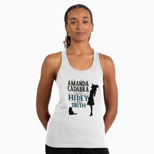 Racer back tank in light grey . On the front: Amanda Cadabra and The Hidey-Hole Truth text with silhouette of Amanda in witch hat  looking up, on the right of the text, and silhouette of Tempest, her cat and familiar opposite her feet below and on the left of the text 