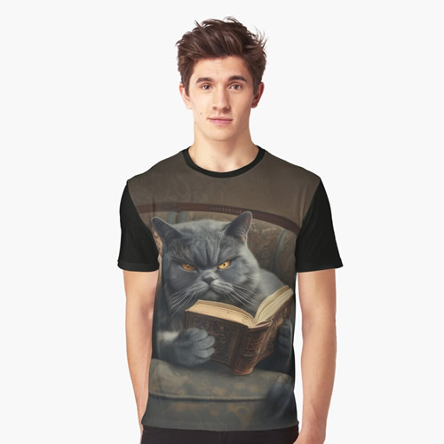Graphic t taupe with image of Tempest reading book in rectangle on chest