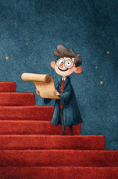 Cartoon smiling young boy herald reading from a scroll, standing on red carpeted stairs with starry blue behind him