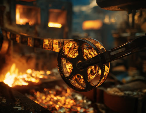 Molten roll of vintage cinema film held in tongs next to a blacksmith's furnace 