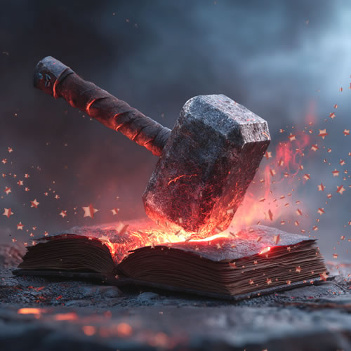 Magic hammer coming down onto a glowing hot book with sparkles around