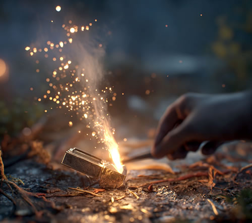 Hand striking tinder box making a spark to light a fire outdoors