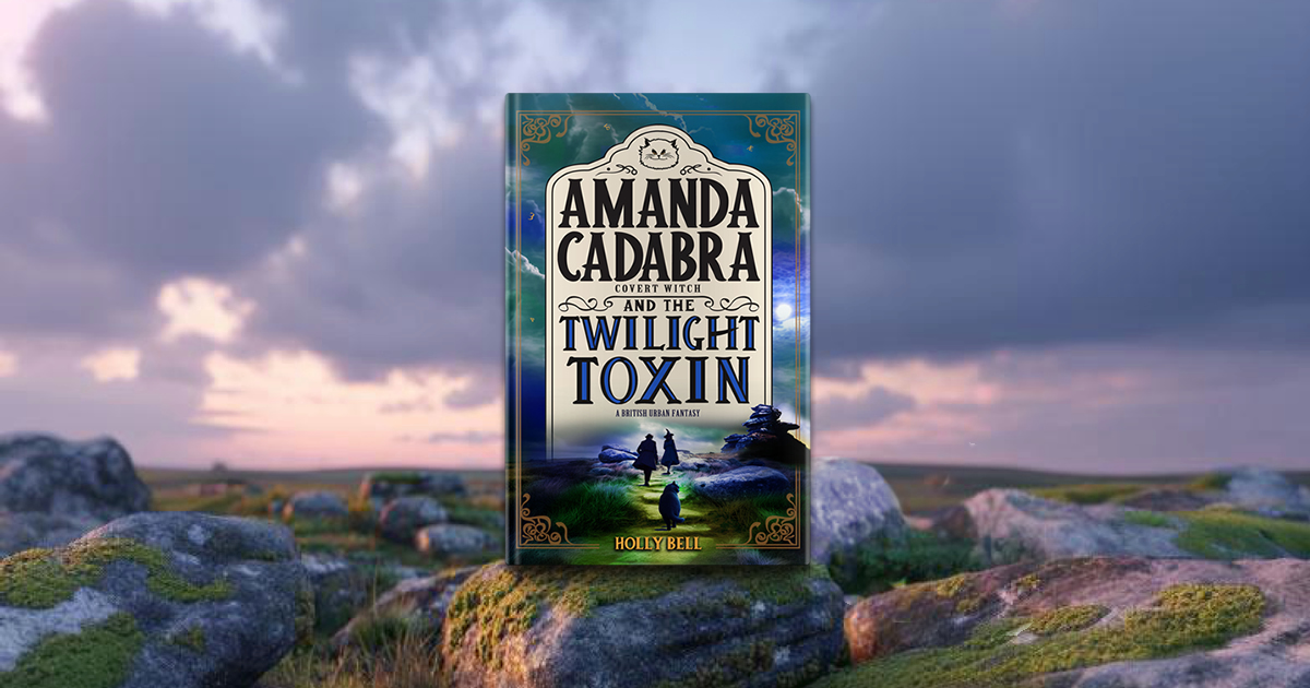 Book on a rock on Bodmin Moor with twilight clouds in tbe background. Cover has Amanda Cadabra and The Twilight Toxin in black font on a tall cream panel. Below and around it is the silhouette of a woman and a man a cat climbing a lime green lit path with teal bushes and blue and teal clouds above, eerie light.