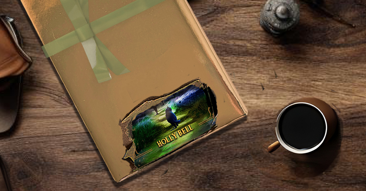 Book wrapped in gold gift wrap with pale green ribbon on a vintage wooden desk with a cup of black coffee on the lower right. Near the bottom of the book the wrapping is burnt away reveal the silhouete of a cat on a lime green lit parh with wild grass growing either side in deep teal and blue. The light is dim with deep shadows. The silhouette of a woman's legs can just be seen further up the path and another pair of feet a little further.