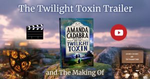 Book on a rock on Bodmin Moor with twilight clouds in tbe background. Cover has Amanda Cadabra and The Twilight Toxin in black font on a tall cream panel. Below and around it is the silhouette of a woman and a man a cat climbing a lime green lit path with teal bushes and blue and teal clouds above, eerie light. Bottom left is a firey reel of film, bottom right is an orchestra, left is a clapperboard and right is a play button.