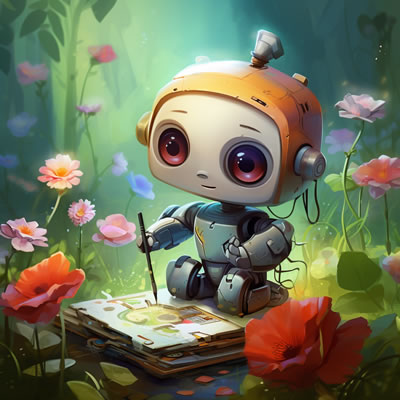 Cute baby robot sitting in a garden holding a paint brush