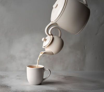 MJ's AI image teapost with spout connecting to smaller teapot with milk pouring ut of spout in cup