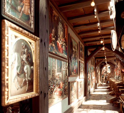 Medieval gallery with painting of the left hand wall of a sunny arcade